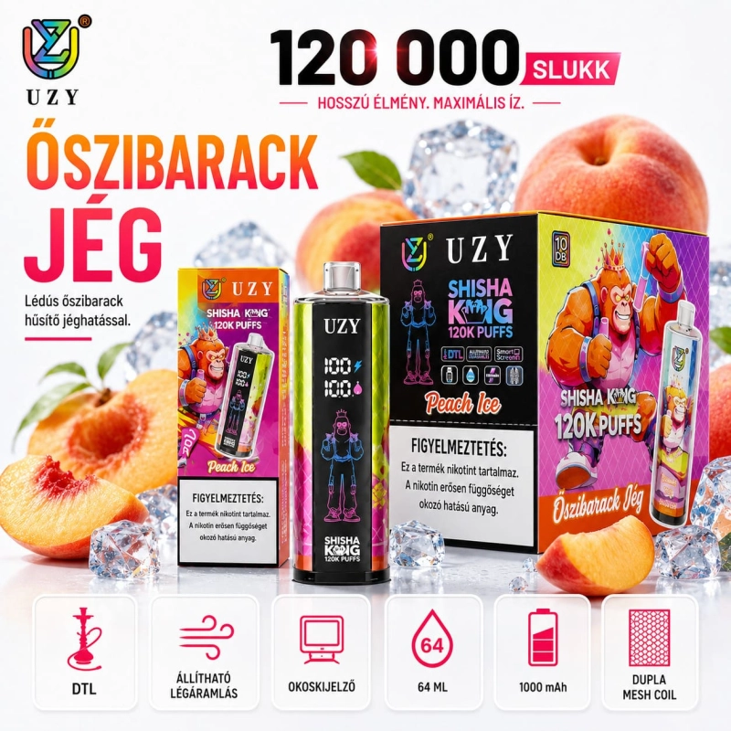 Őszibarack jég – UZY 120K eldobható vape őszibarack jeges íz DTL mesh coil 64ml e-liquid