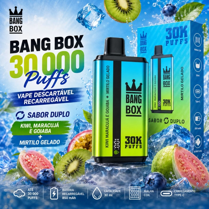 Bang Box 30000 Puffs vape descartável recarregável com dois sabores kiwi maracujá goiaba e mirtilo gelado