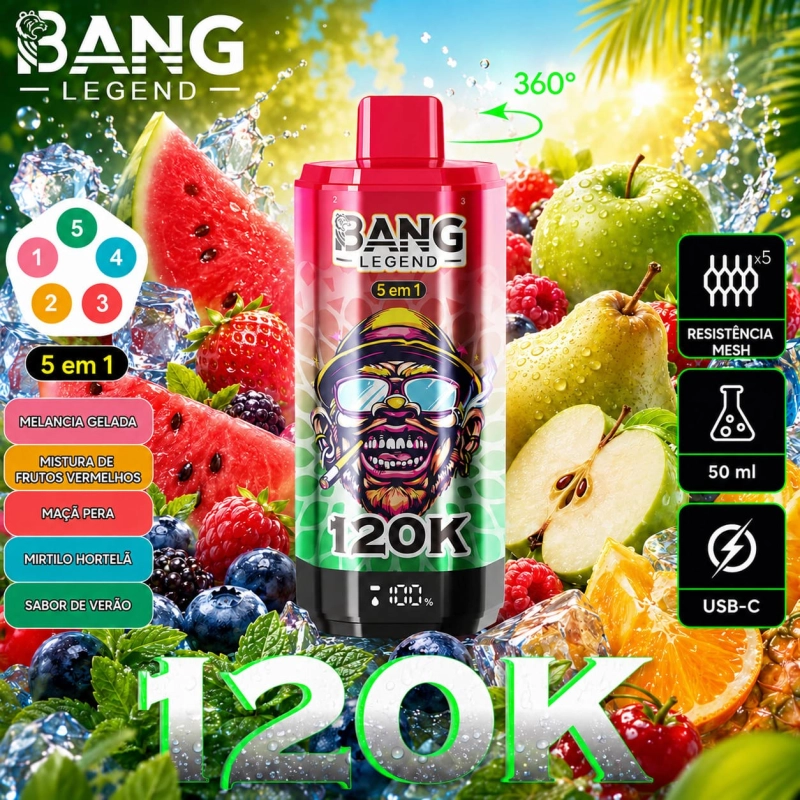 Vape descartável 120K Bang Legend 5 em 1 sabor Tropical de Manga com manga gelada, pêssego, manga e melancia e gomas