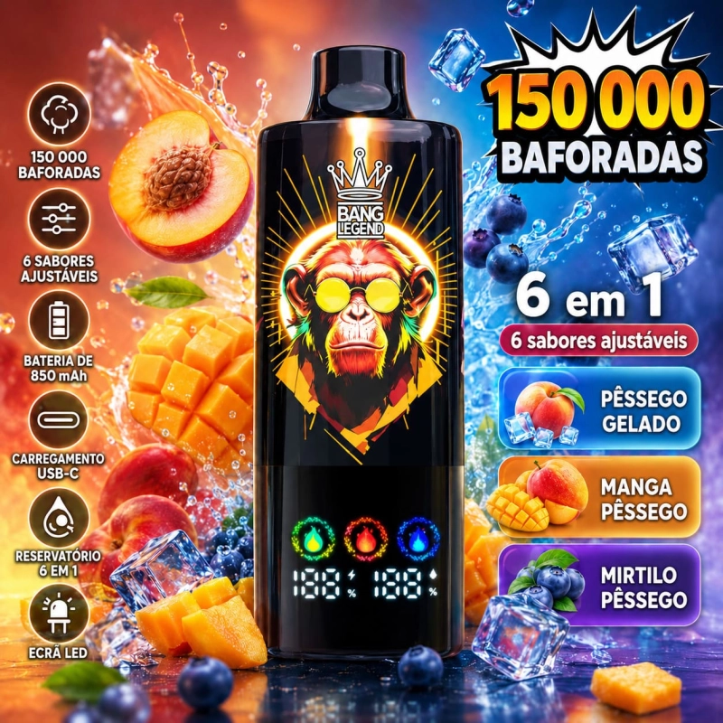 Vape 150K Mistura Cremosa de Pêssego com pêssego gelado, manga e pêssego e mirtilo e pêssego, sabor suave e doce