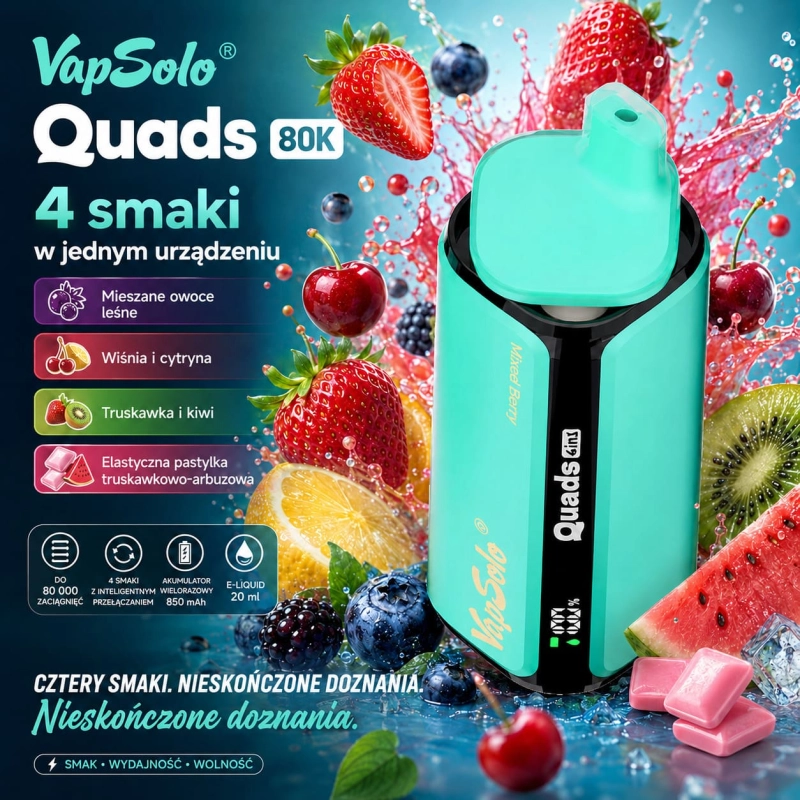 Vapsolo Quads 80K smaki – owoce czerwone, wiśnia cytryna, truskawka kiwi i guma arbuz