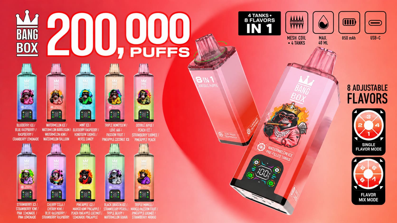 Bang Box 200K disposable vape with 10 fruit flavors, 8 in 1 flavor switching system, rechargeable battery and LED screen