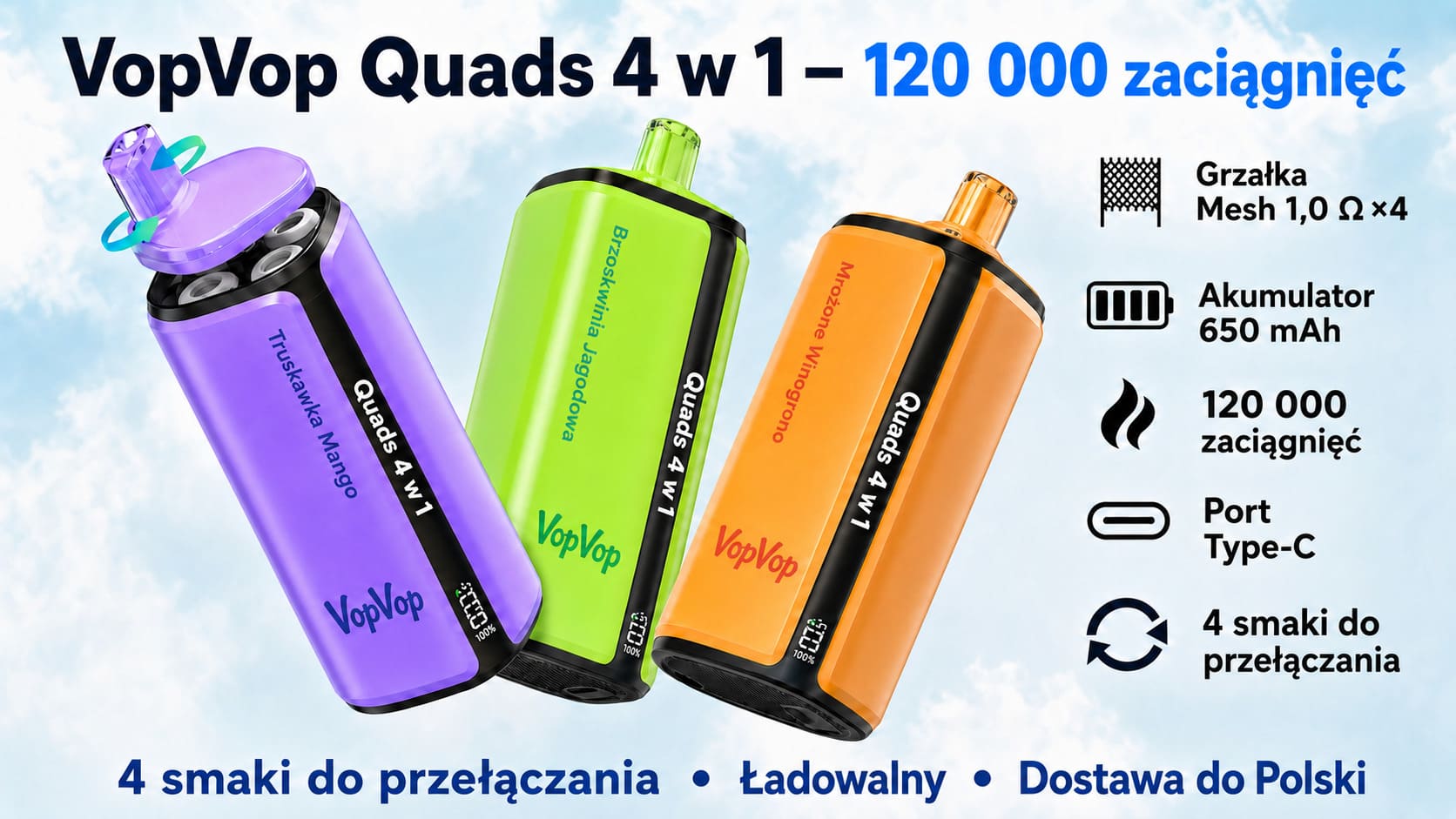 VopVop Quads 4 w 1 120000 zaciągnięć jednorazowy vape 4 smaki obrotowe USB-C 650mAh bateria LED wyświetlacz