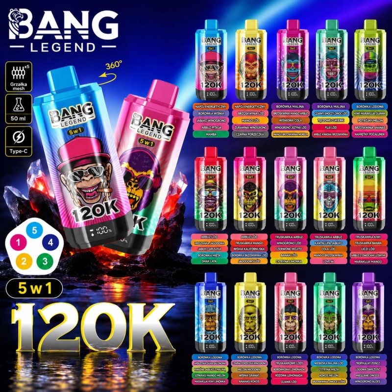 Bang Legend 120K 5 w 1 jednorazowy e-papieros – 120 000 zaciągnięć USB-C LED wyświetlacz wielosmakowy vape Polska