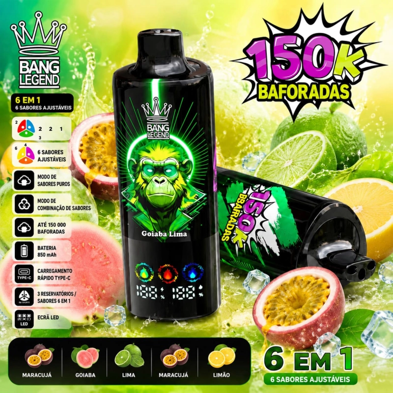 Vape descartável 150K sabor Maracujá com goiaba, lima e limão, mistura exótica tropical refrescante