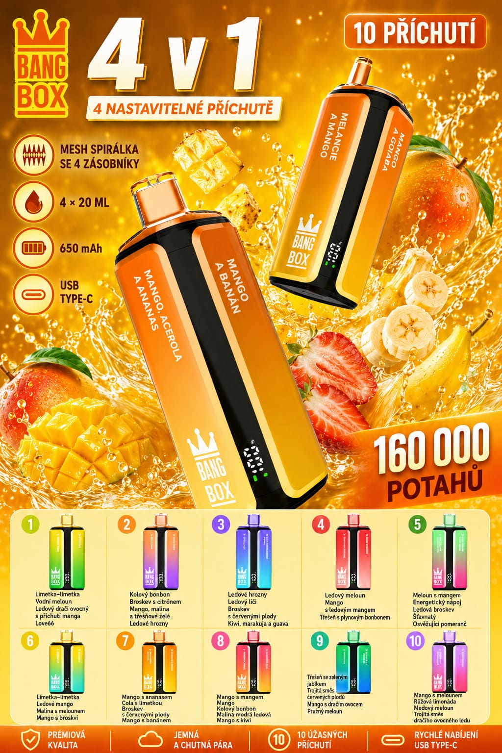 Bang Box 160K 4 v 1 jednorázová e-cigareta – různé barevné varianty a příchutě s ovocným designem
