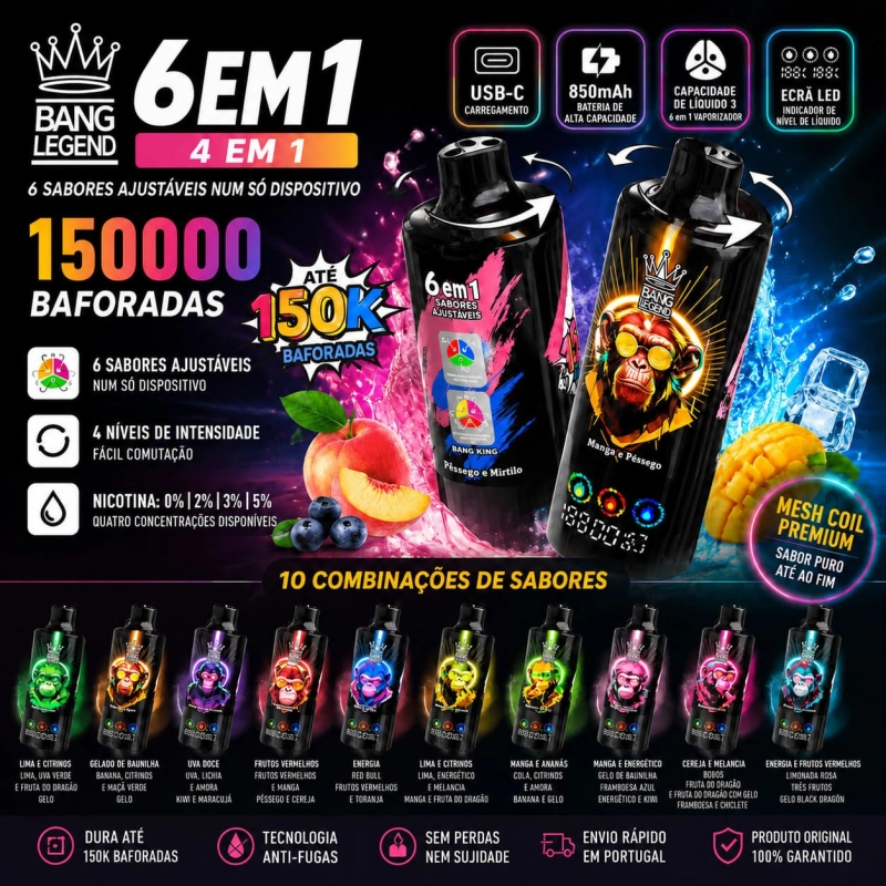 Vape descartável Bang Legend 150K puffs com 6 sabores em 1, display LED, bateria recarregável e design premium de frutas