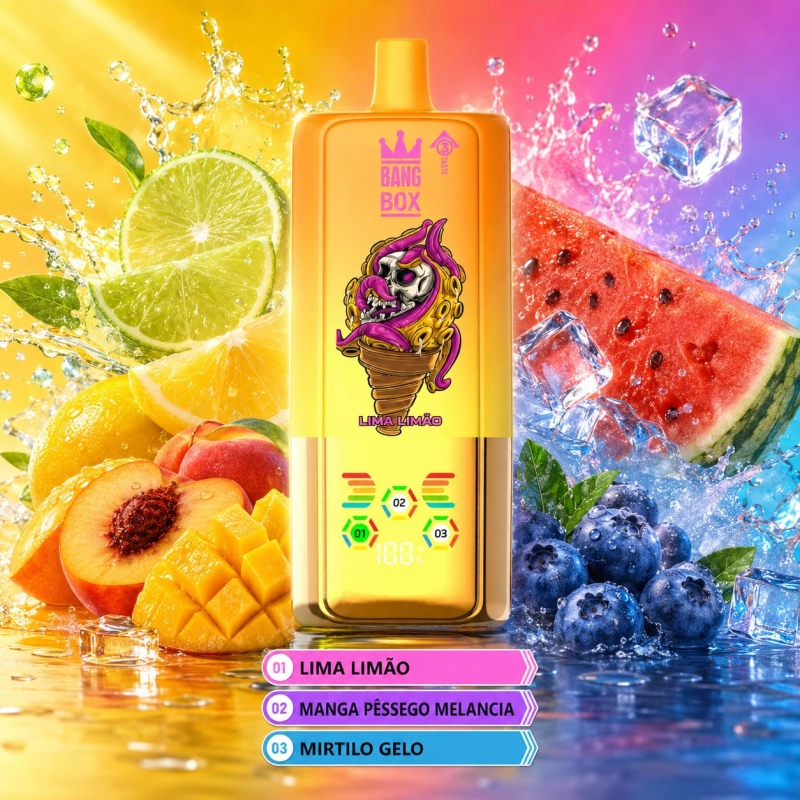 BANGBOX 80.000 puffs vape descartável 3-em-1 recarregável sabor limão e lima, manga com pêssego e melancia gelada com mirtilo