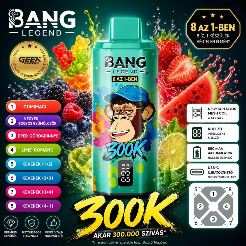 Bang Legend 8in1 300K gumimaci vegyes bogyós gyümölcs eper görögdinnye lime római eldobható vape