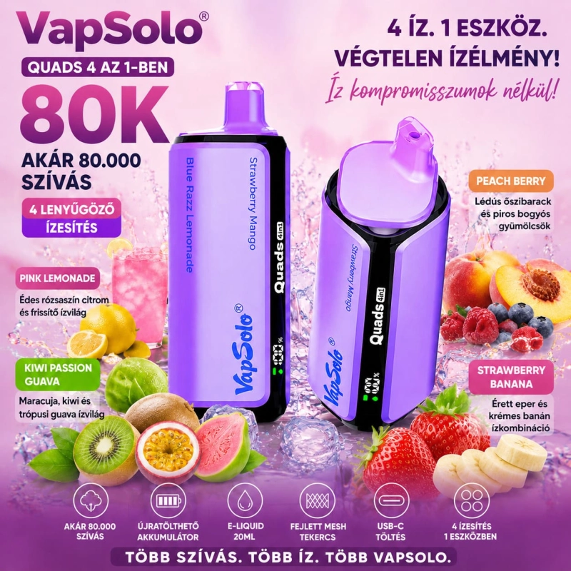 Vapsolo Quads 80K 4 az 1-ben eldobható vape – eper-görögdinnye, cseresznye-kóla, lédús jeges barack és frissítő grapefruit ízek