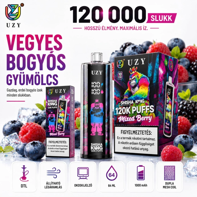Vegyes piros gyümölcsök – UZY 120K eldobható vape bogyós gyümölcs mix 64ml USB-C újratölthető