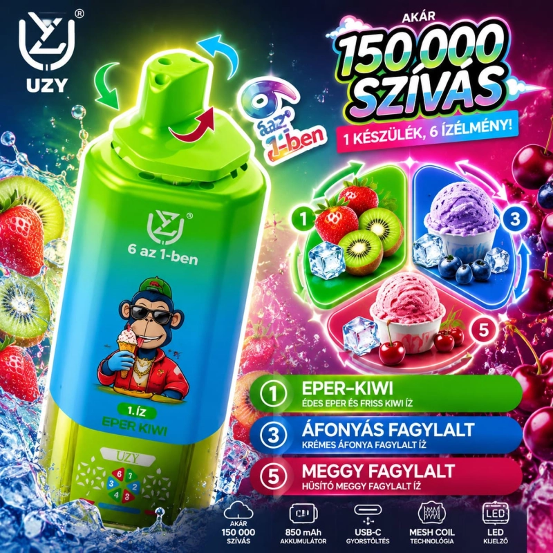 Eper–kiwi, áfonyás fagylalt és meggy fagylalt ízű 6 az 1-ben vape rendszer