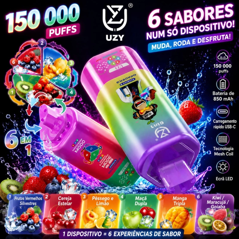 Vape descartável 6 em 1 UZY com sabores de frutas, design moderno, sistema rotativo de sabores e experiência de vaporização intensa