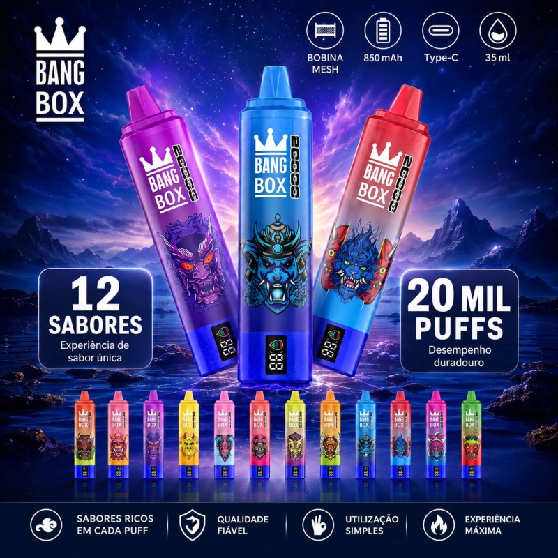 Coleção Bang Box vape descartável 20000 puffs com múltiplos sabores frutados e refrescantes