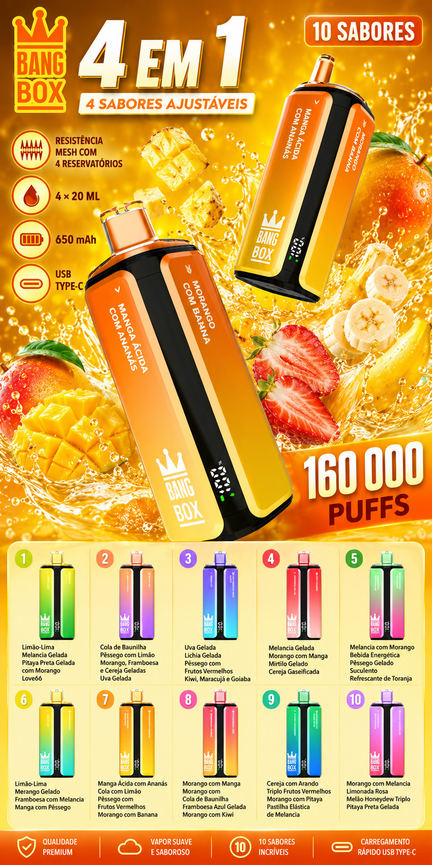 Bang Box vape 160.000 puffs Portugal 4 em 1 sabores Limão-Lima, Melancia gelada, Morango fruta do dragão, Cola baunilha, Uva gelada e mix de frutas tropicais