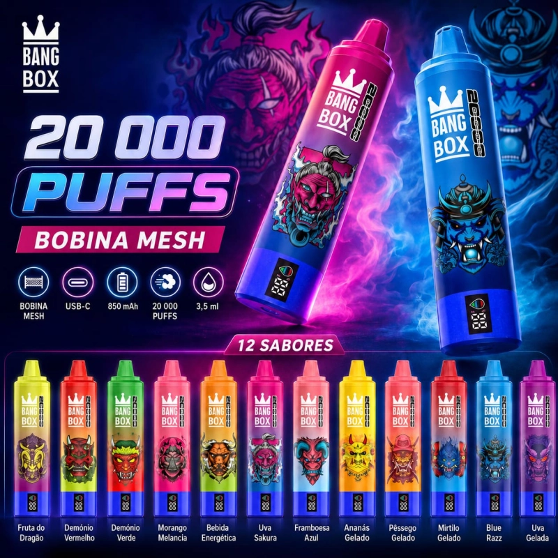 Bang Box 20000 puffs vape descartável recarregável com tecnologia mesh coil e sabores variados em Portugal