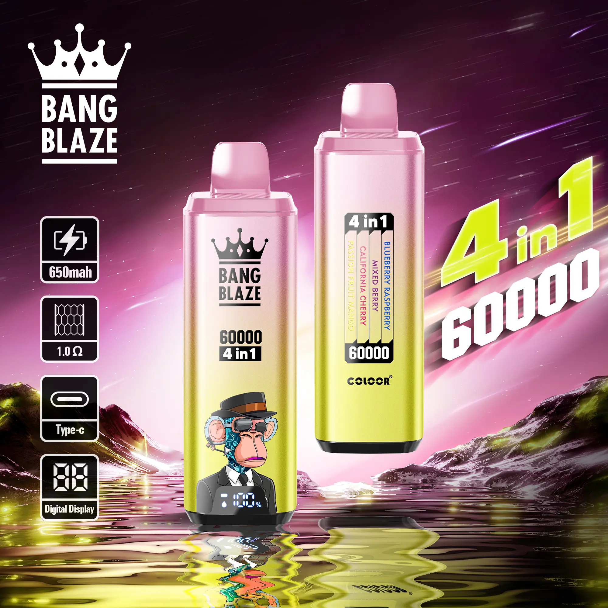 Bang Blaze 60000 60k Puffs 4 In 1 Flavors Newest Original Rechargeable Lcd Display Disposable Vape
