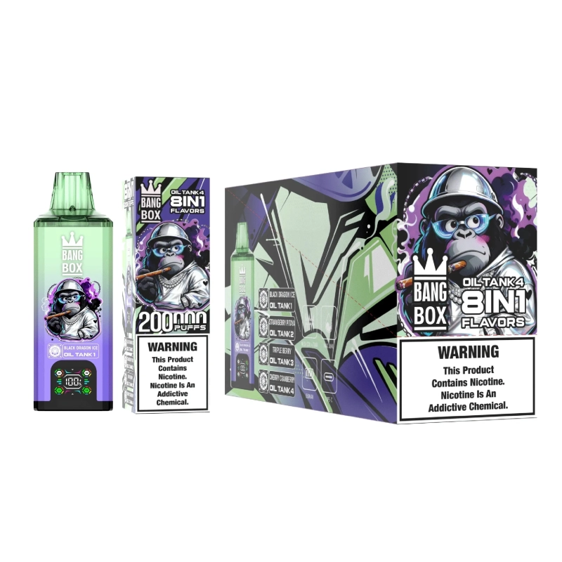 Bang Box 8 in 1 200000 Puffs Disposable zöld-lila színben, digitális LED kijelzőt és több íztartályt mutatva (1)
