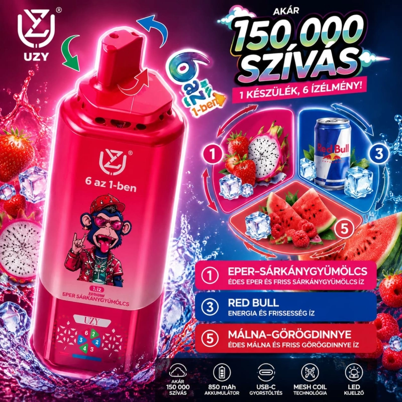 Eper–sárkánygyümölcs, Red Bull és málna–görögdinnye ízű 6 az 1-ben vape
