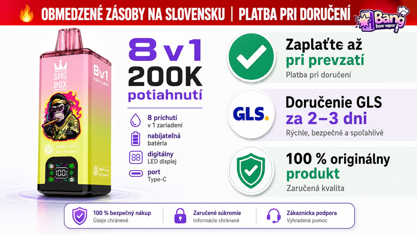 Bang Box 200K 8 v 1 jednorazová e-cigareta 200 000 potiahnutí s GLS doručením na Slovensku a platbou na dobierku
