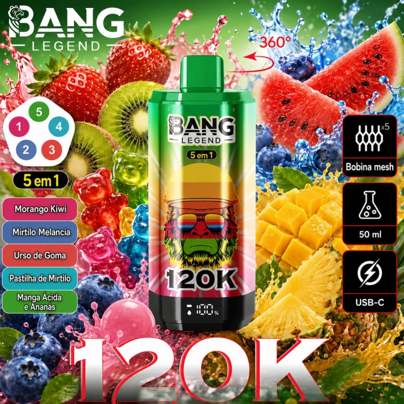 Vape Bang Legend 120K 5 em 1 sabor Melancia com melancia gelada, frutos vermelhos e morango com melancia