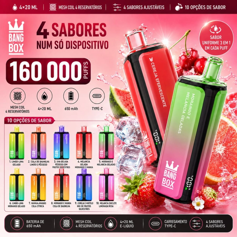Bang Box 160.000 Puffs vape descartável recarregável 4 em 1 Portugal com 4 sabores, bateria USB-C e alta autonomia até 160k puffs