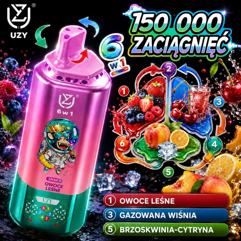 UZY 150K 6w1 vape – owoce leśne, musująca wiśnia i brzoskwinia z cytryną