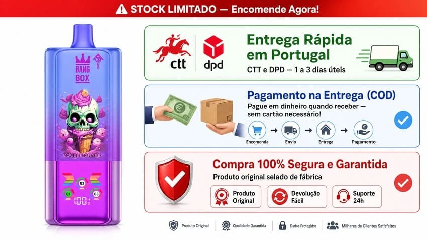 BANGBOX 80.000 puffs vape descartável 3-em-1 recarregável com entrega à cobrança em Portugal via CTT, envio rápido e seguro
