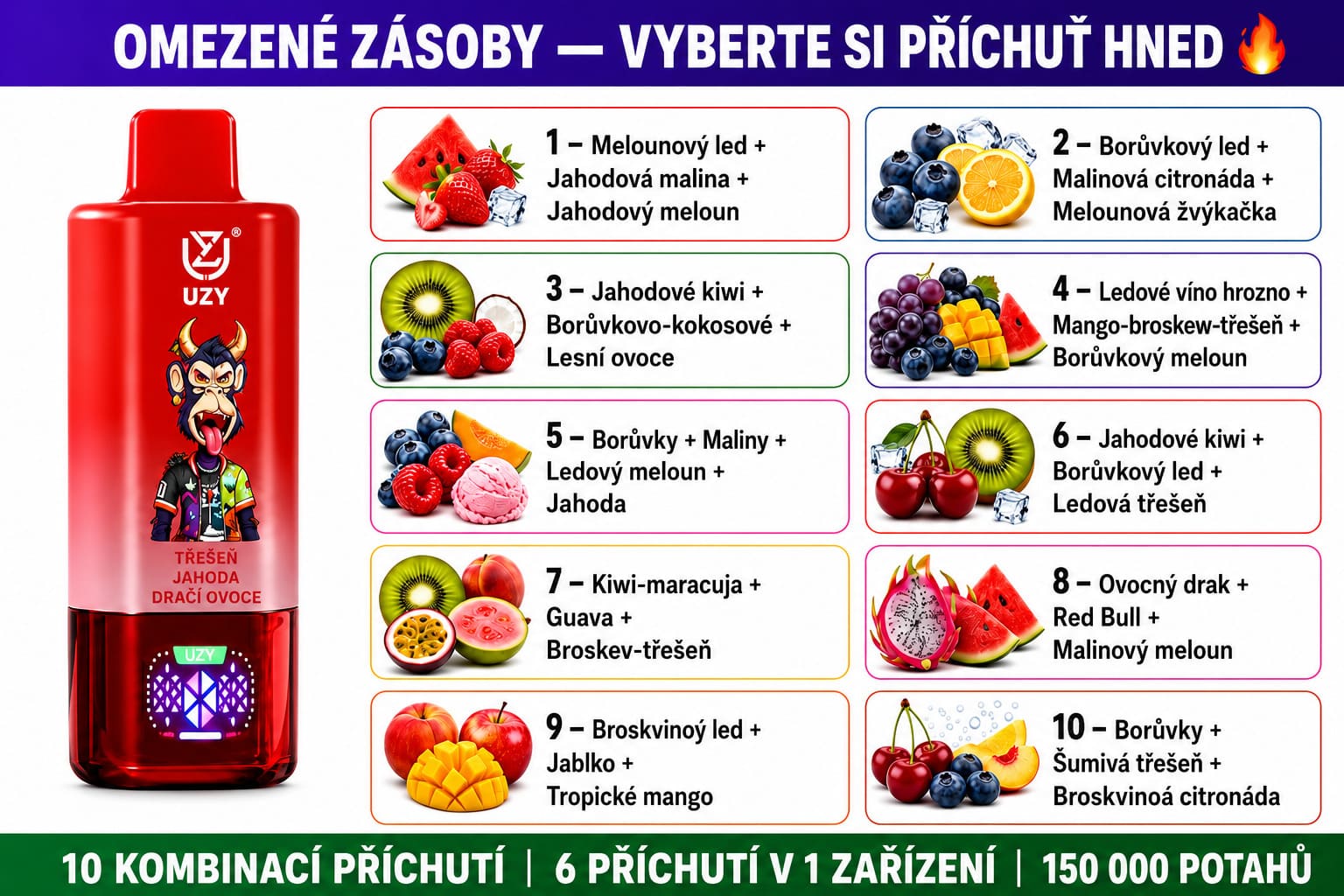 UZY 150K 6 v 1 – přehled 10 kombinací příchutí pro jednorázovou e-cigaretu