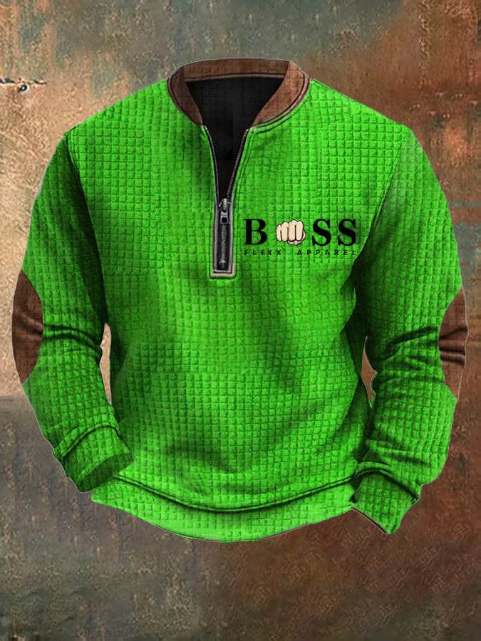 Sweatshirt retro para homem com design de letras estampado com gola com fecho e jacquard quadrado