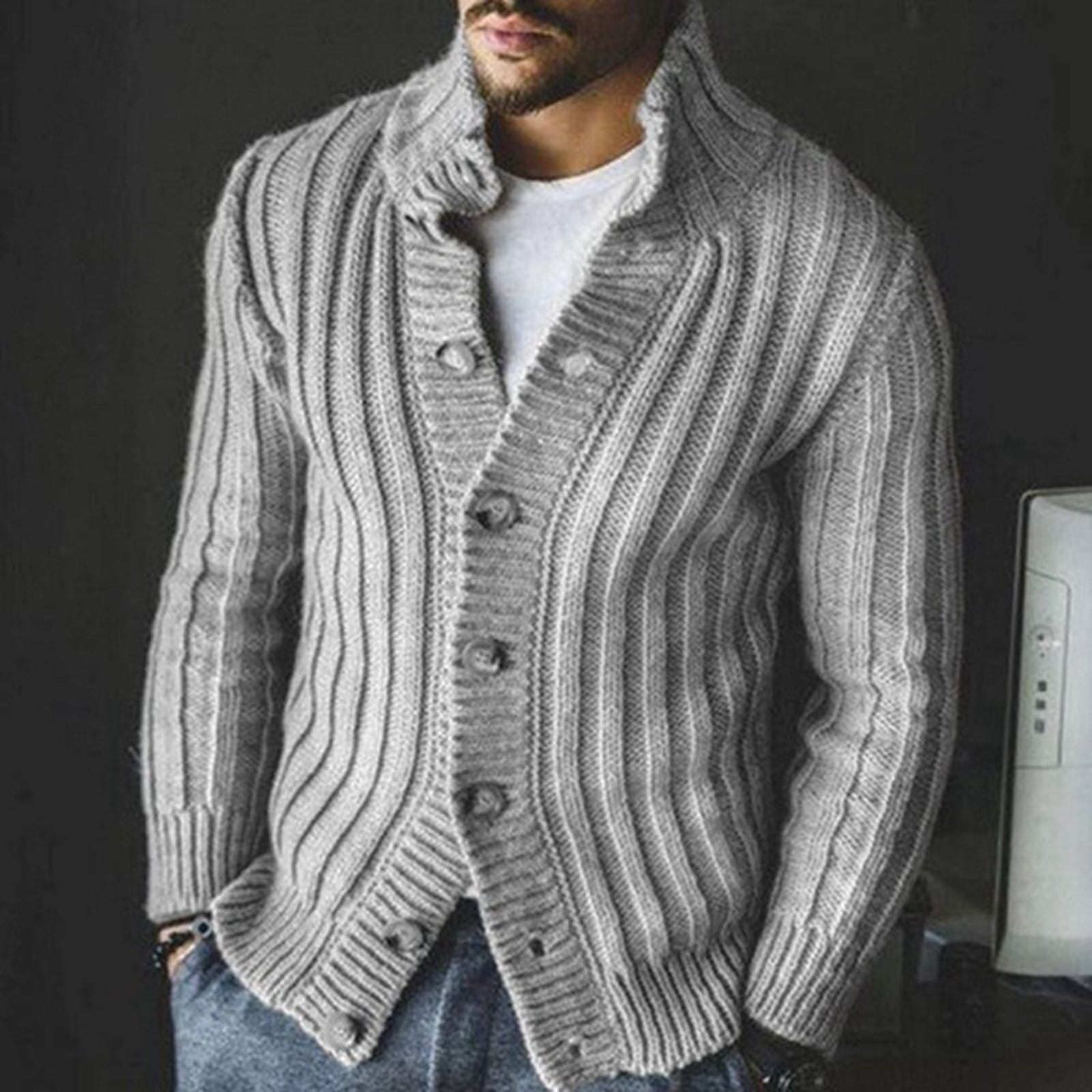 SOLID COLOR RIBBED BUTTON UP SWEATER COAT