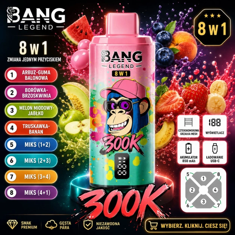 Bang Legend 300K 8w1 jednorazowy vape – Marakuja-Mango, Brzoskwinia-Ananas, Borówka-Malina, Arbuz Ice