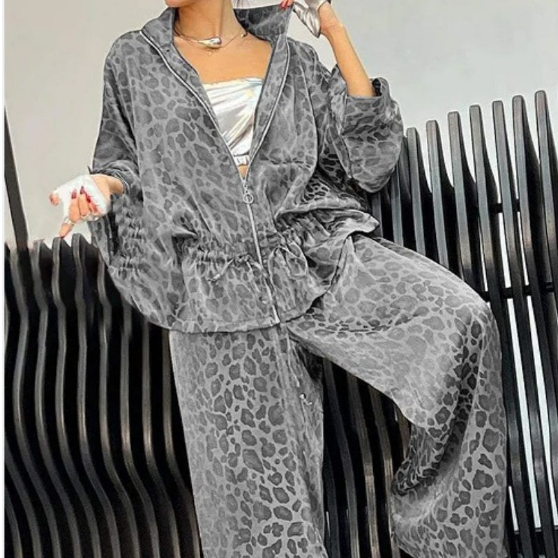 🍁Conjunto casual de duas peças para mulher com lapela e manga comprida