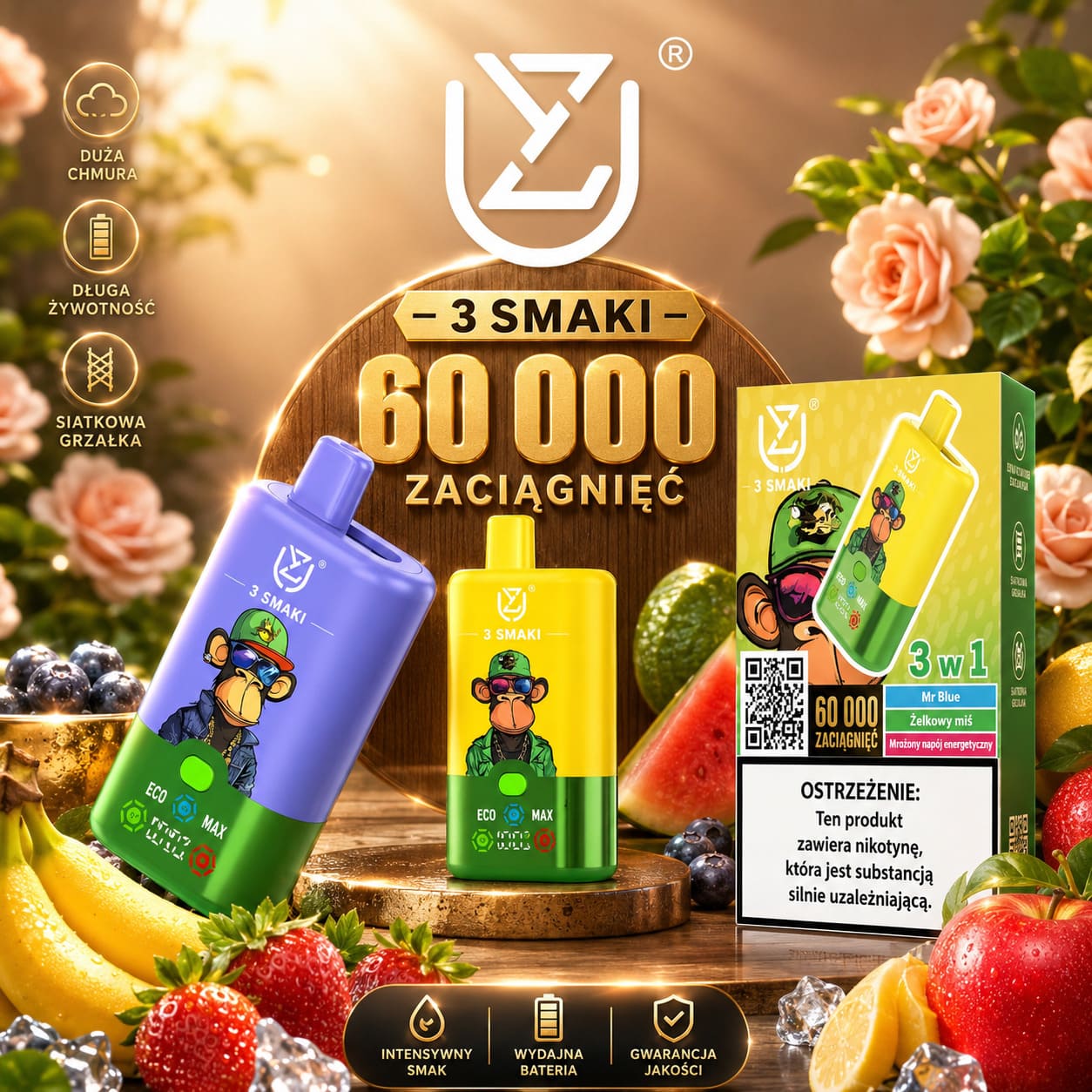 UZY Triple Flavor 60K – jednorazowy e-papieros 3 w 1 z trzema smakami i inteligentnym wyświetlaczem LED