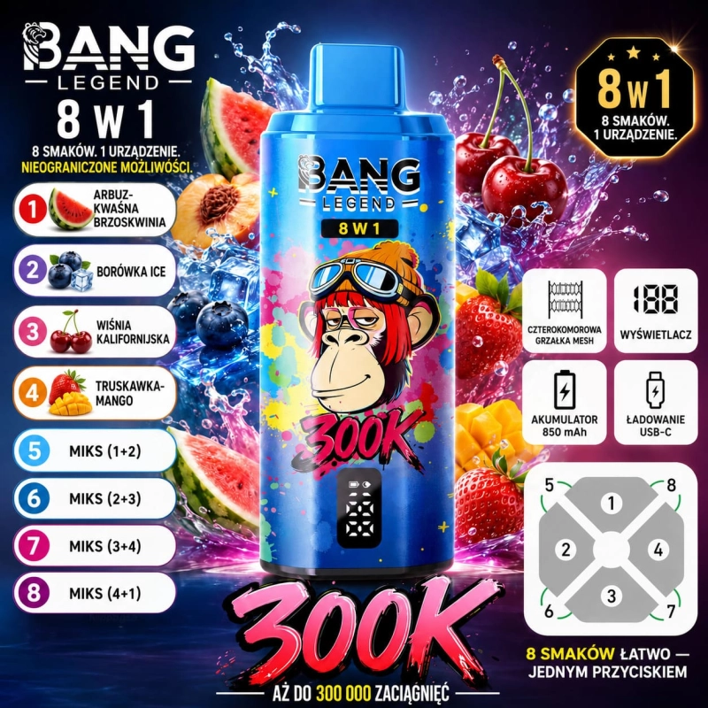Bang Legend 300K 8w1 jednorazowy vape – Arbuz-Pitaja, Jabłko-Gruszka, Marakuja-Kiwi-Limonka, Borówka-Brzoskwinia