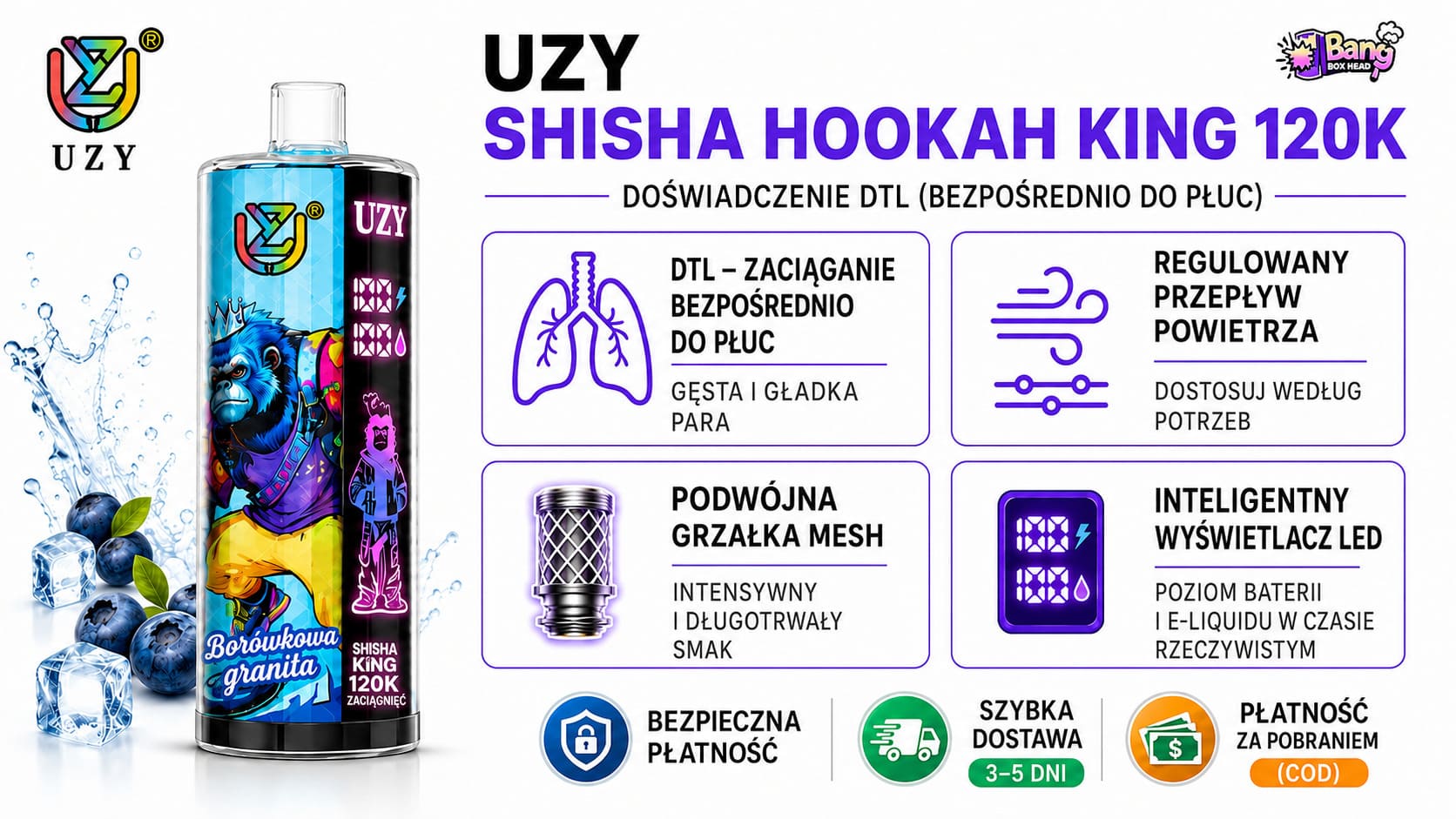 UZY 120K DTL vape 64ml 1000mAh ładowalny USB-C wyświetlacz LED jednorazowy vape specyfikacja