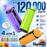 VopVop Quads 4 em 1 vape descartável 120000 puffs com 4 sabores rotativos, bateria recarregável 650mAh e carregamento Type-C, imagem promocional do produto