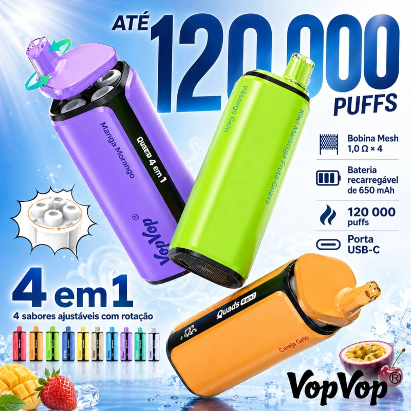 VopVop Quads 4 em 1 vape descartável 120000 puffs com 4 sabores rotativos, bateria recarregável 650mAh e carregamento Type-C, imagem promocional do produto
