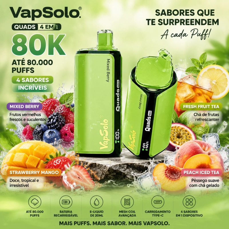 VapSolo Quads 80.000 Puffs vape sabores frutos vermelhos, morango manga, chá de fruta e chá gelado de pêssego