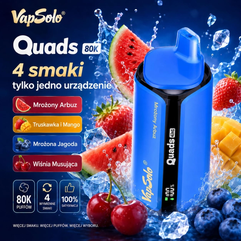 Vapsolo Quads 80K smaki – arbuz z lodem, truskawka mango, borówka z lodem i wiśnia