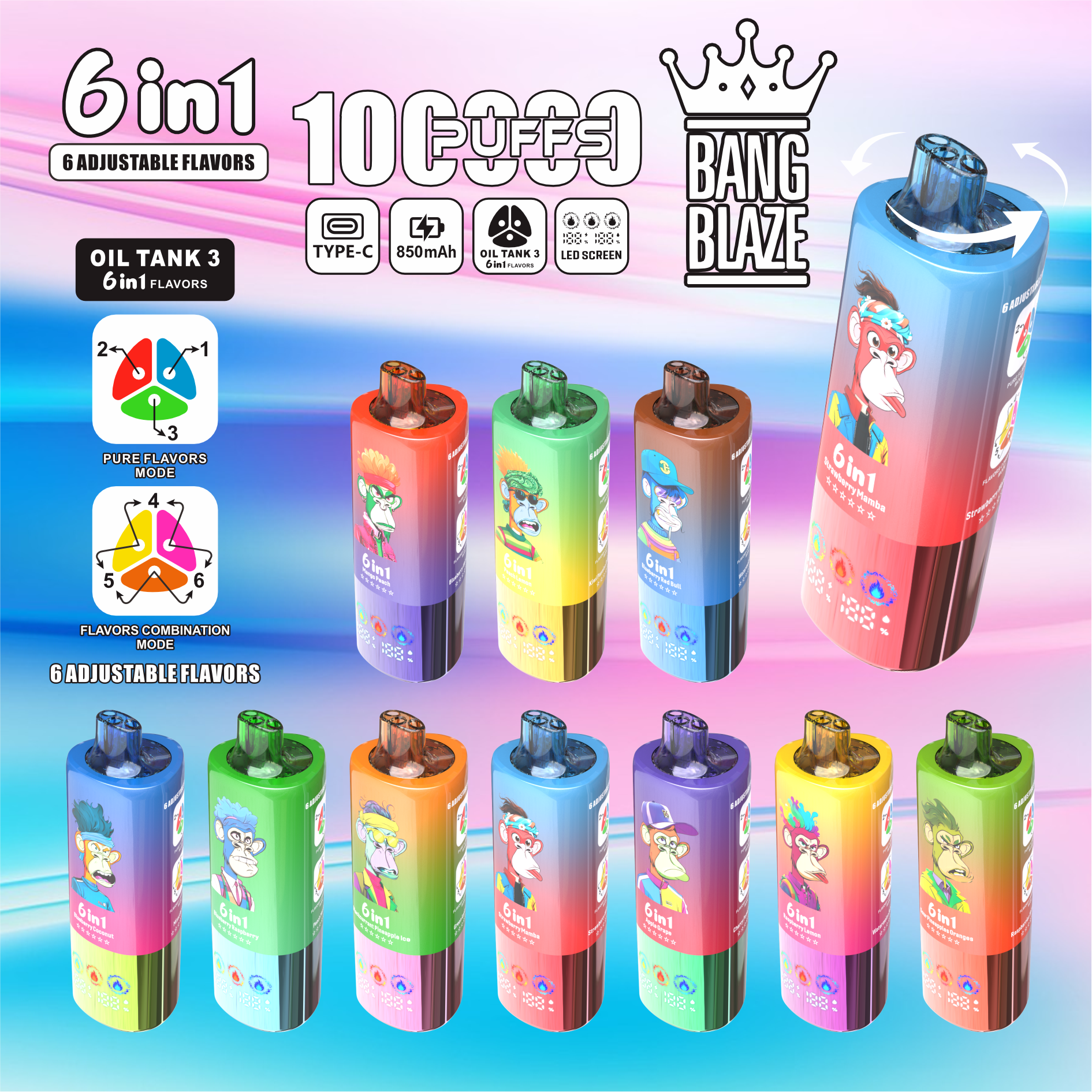 Bang Blaze® 100000 100k Puffs 6 az 1-ben Ízek Legújabb Eredeti Újratölthető Led Kijelzős Eldobható Vape
