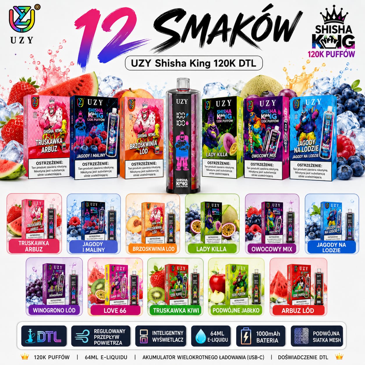 UZY Shisha Hookah King 120K 12 smaków disposable vape strawberry kiwi grape watermelon ice mixed flavors Polska