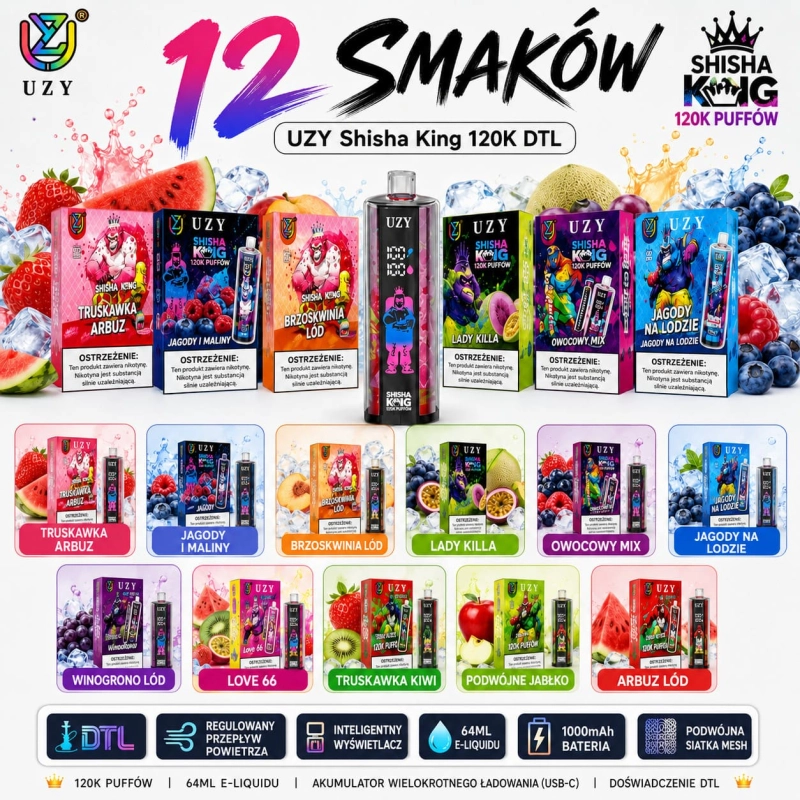 UZY Shisha Hookah King 120K 12 smaków jednorazowy vape DTL 64ml USB-C LED regulowany przepływ powietrza wszystkie smaki