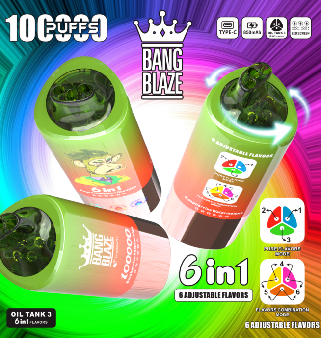 Bang Blaze® 100000 100k Puffs 6 az 1-ben Ízek Legújabb Eredeti Újratölthető Led Kijelzős Eldobható Vape