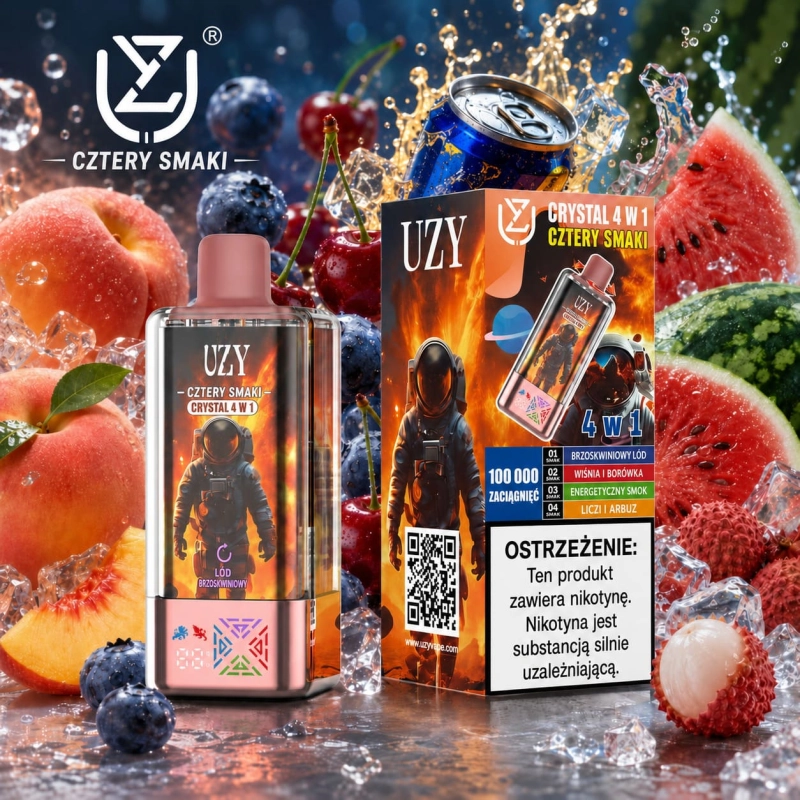 UZY Crystal 100K 4w1 – truskawka z lodem, żelki, arbuz ze smoczym owocem oraz borówka z kiwi