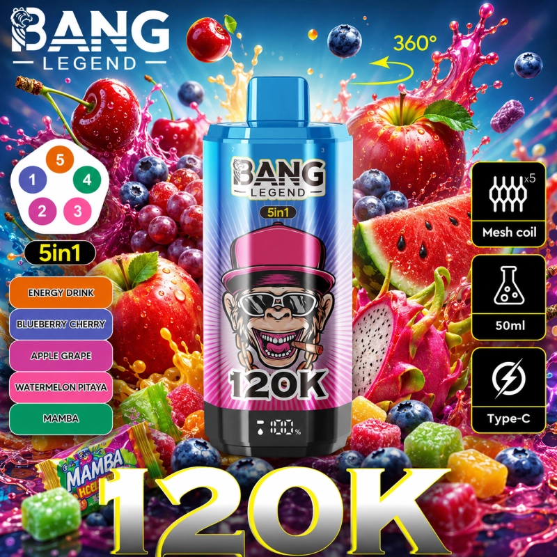 Bang Legend 120K energiaital, erdei bogyós gyümölcsök, alma, szőlő, görögdinnye, pitaya és Mamba ízkészlet