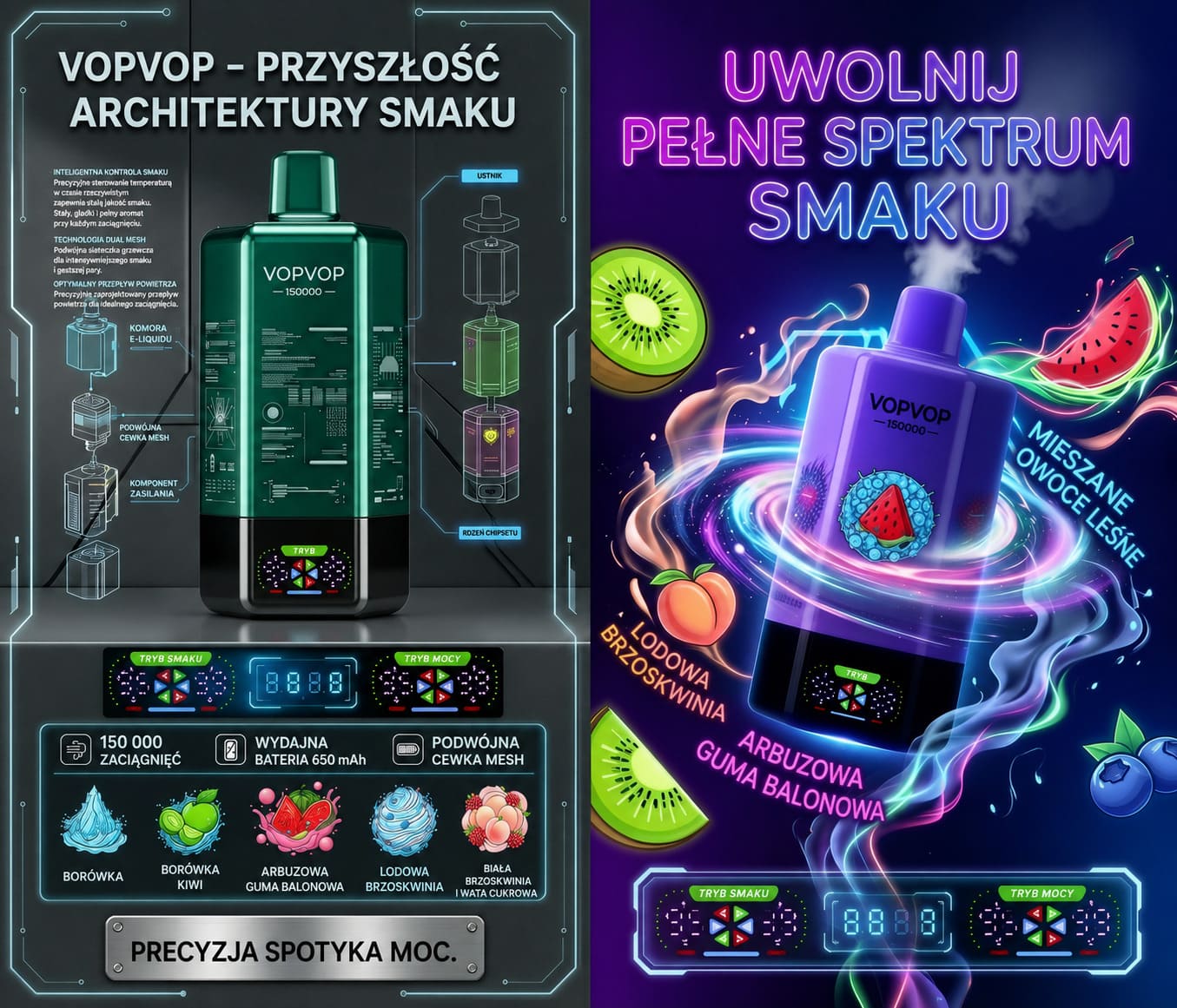 VOPVOP 150K 6w1 jednorazowy waporyzator 150000 zaciągnięć 64ml 650mAh USB-C LED ekran Polska