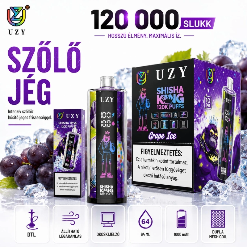 Szőlő jég – UZY 120K eldobható vape szőlő jeges hűsítő íz DTL rendszer LED kijelzővel