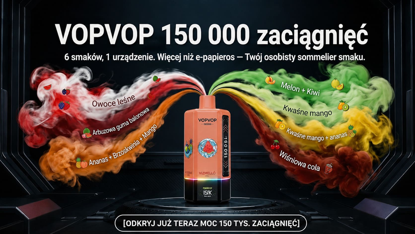 Nowoczesny jednorazowy vape VOPVOP 150K 6w1 wielosmakowy e-papieros LED ekran