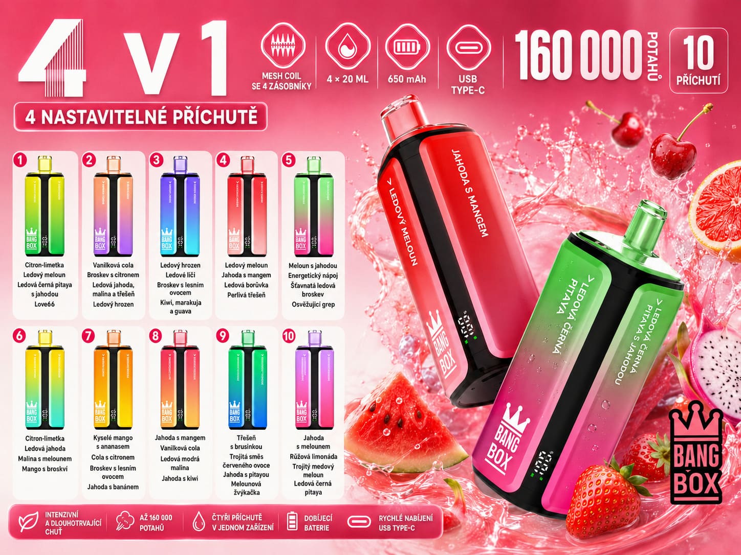 Bang Box 160K 4 v 1 jednorázová e-cigareta – 10 kombinací příchutí, 80 ml e-liquid, 850 mAh baterie, USB-C nabíjení